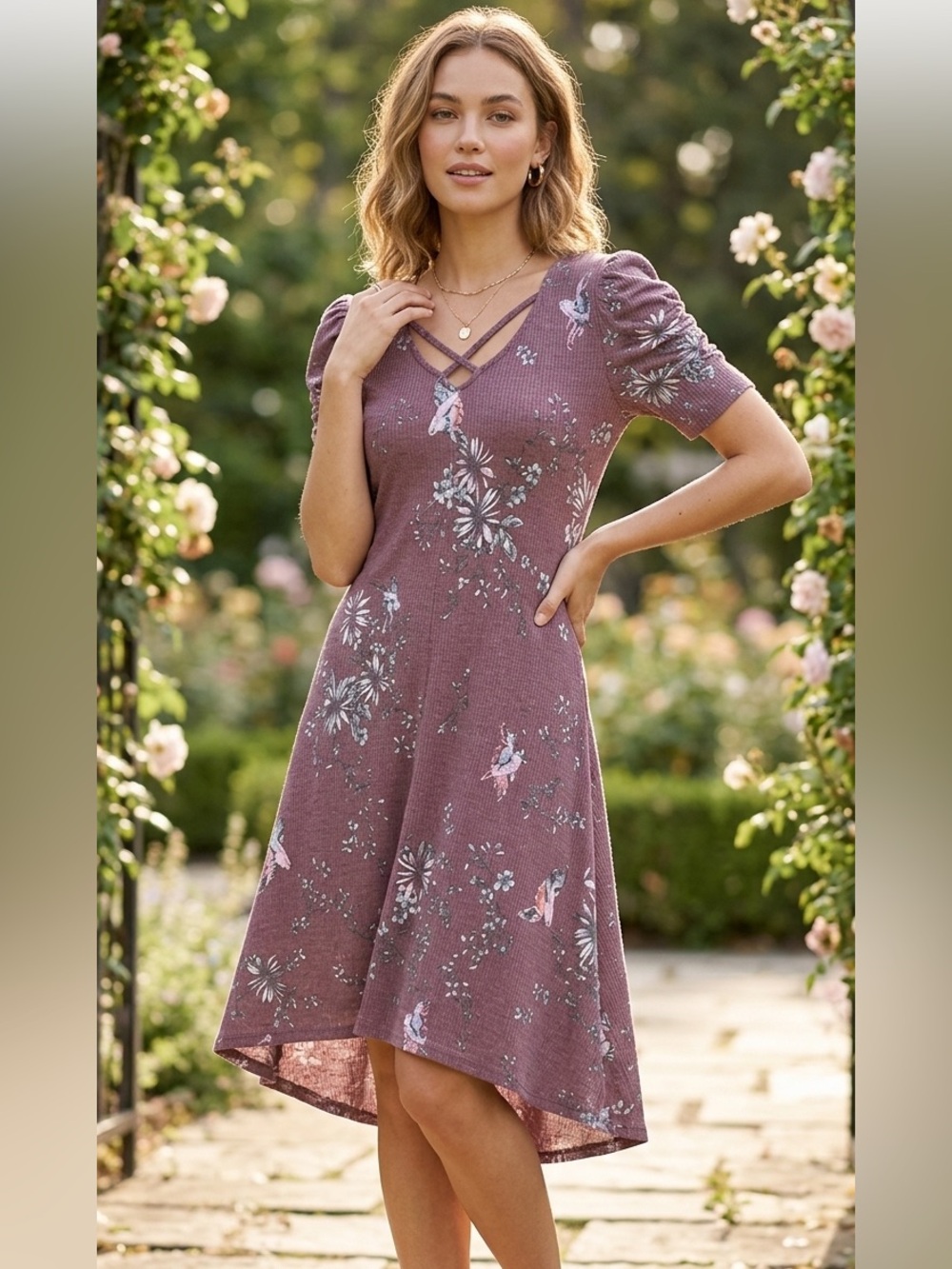 Floral Crisscross Neck Short Sleeve Dress - Mauve